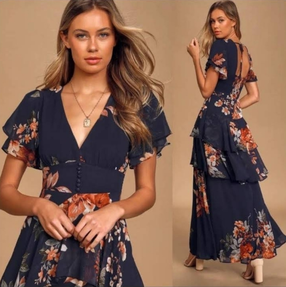 NWT Lulus Midnight Mood Navy Blue Floral Print Tiered Maxi Dress XS